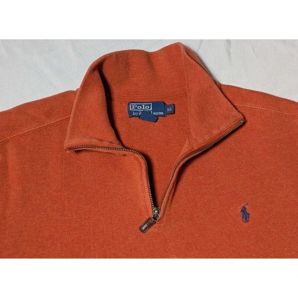 POLO RALPH LAUREN Men XL Blue Pony‎ 1/4 Zip Orange Cotton Pullover